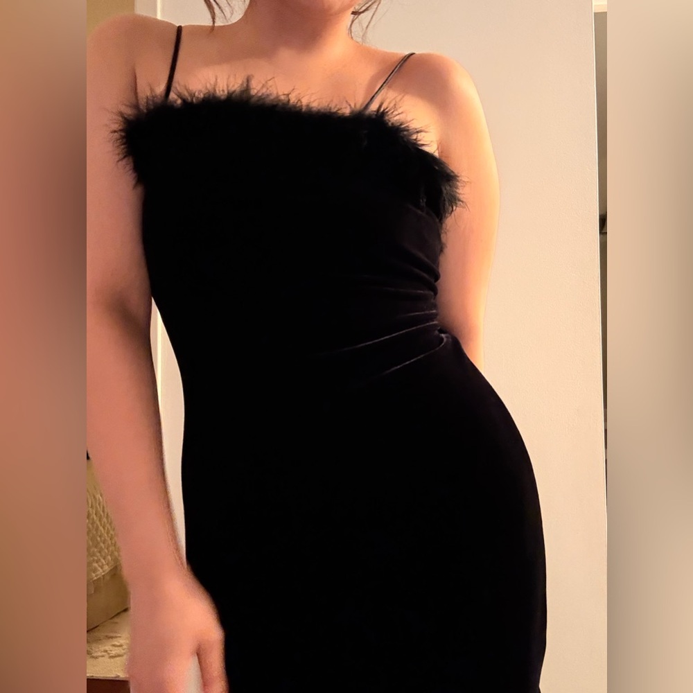 Elegant Black Velvet Dress with Feather Trim | mid length | side slit